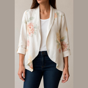 Chico's Women's Size Small (O) White Floral 100% Linen Open Draped Blazer
